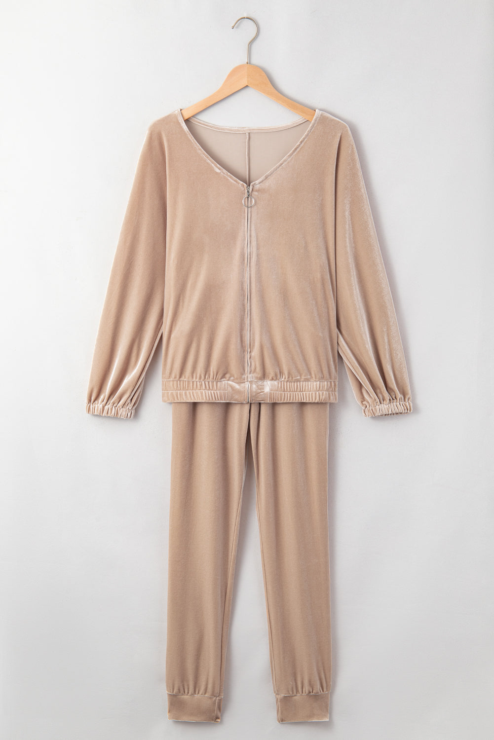Beige Velvet Zipped Top and Joggers Two Piece Set