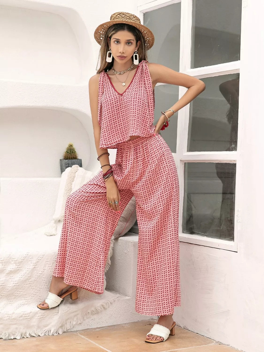 Gingham Tie Shoulder Top and Pants Set Trendsi Gingham Tie Shoulder Top and Pants Set