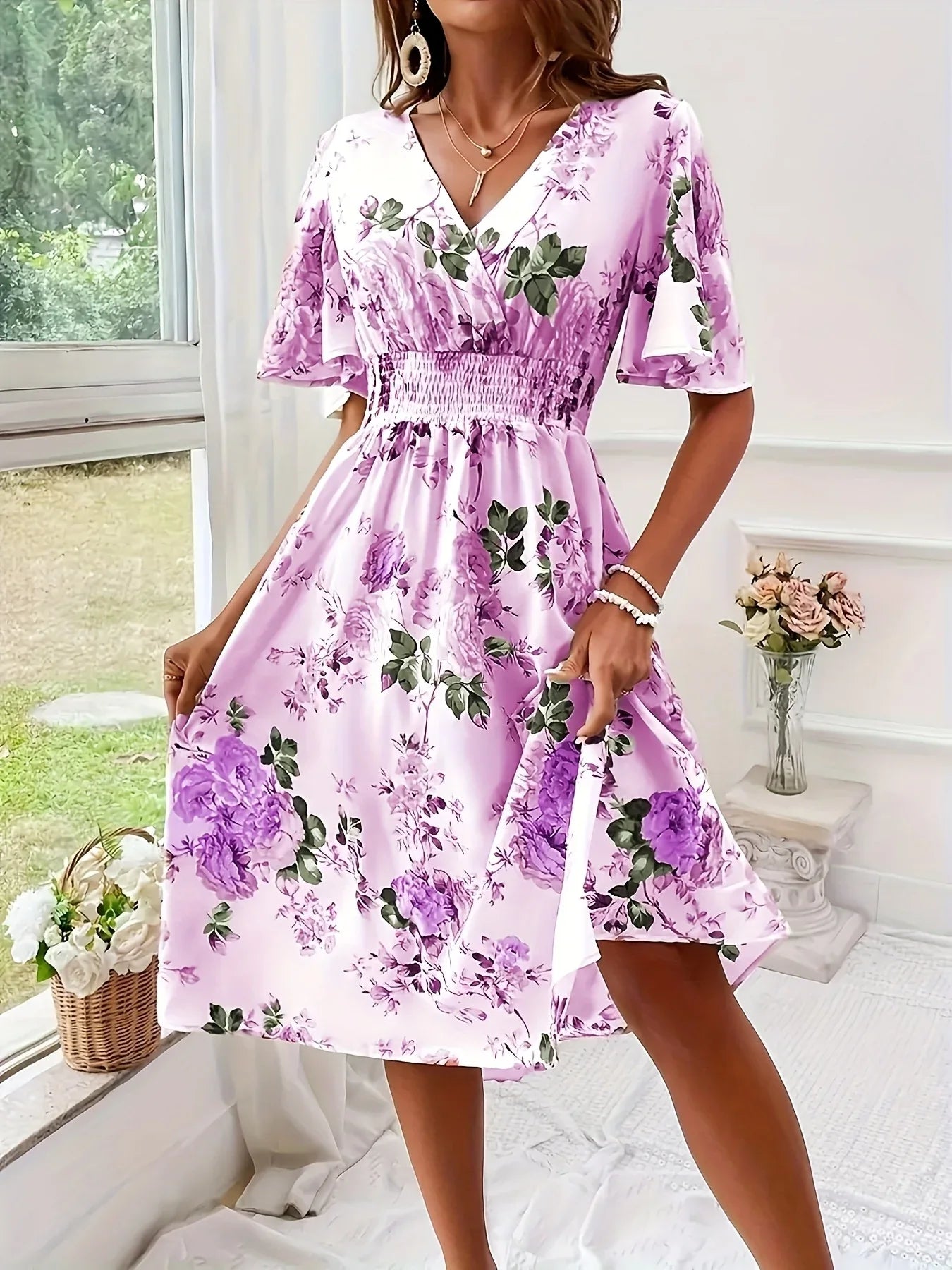 Short Sleeve V-Neck Floral Dresses Bazaare Mart Short Sleeve V-Neck Floral Dresses