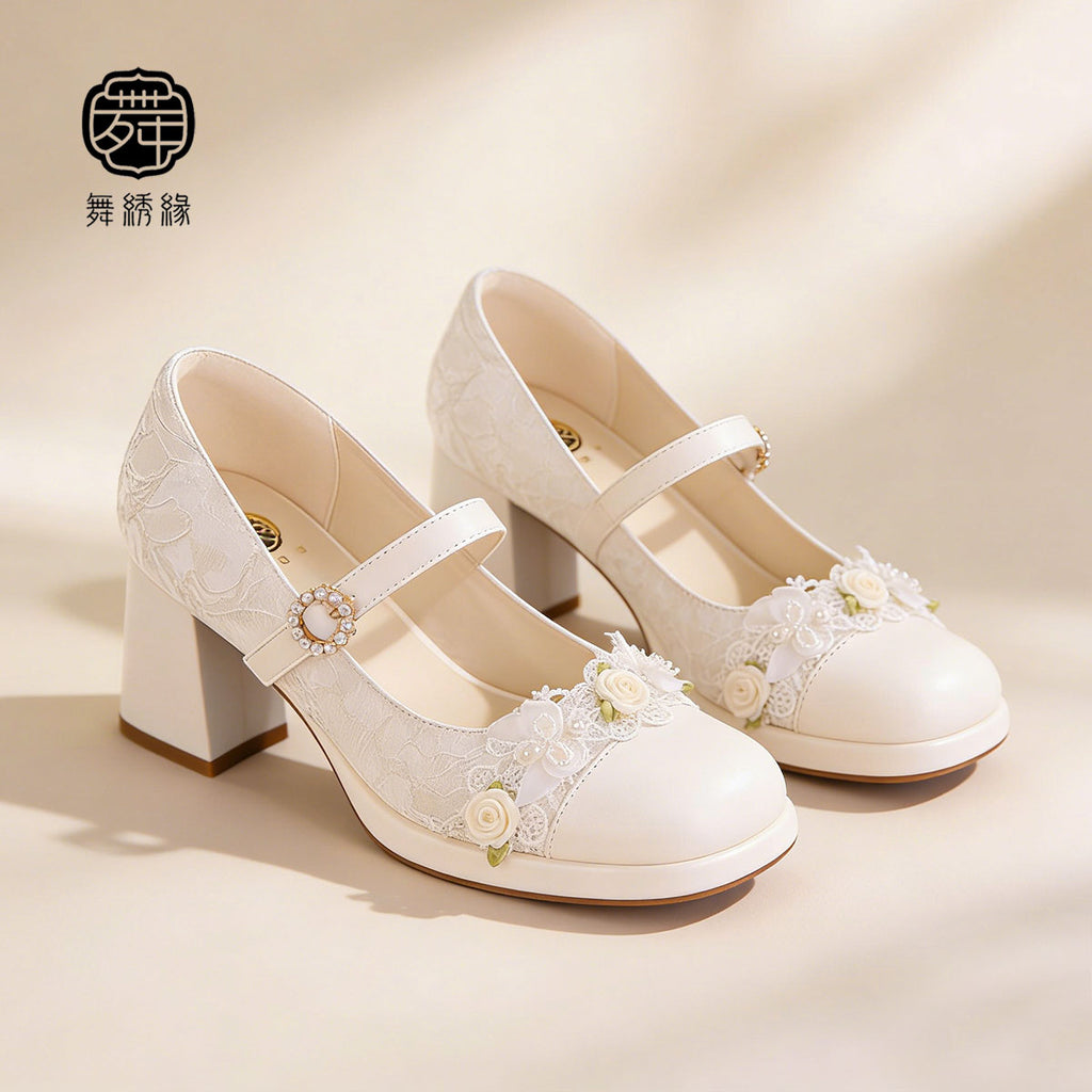 Lace Mary Jane Platform Heels – Pearl Bow Bridal Pumps | Retro Jacquard High Heels White CJ Dropshipping Fancy Heeled Floral Mary Jane