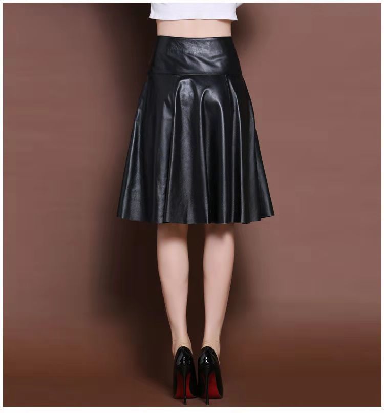 Black Knee-length High-waist pleated Leather Skirt