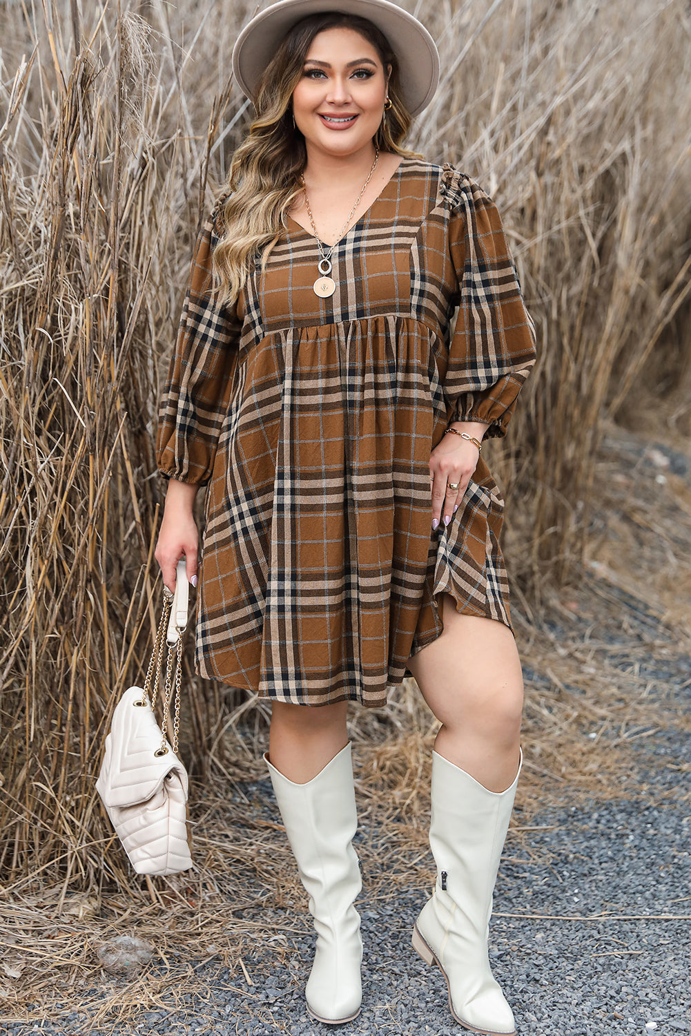 Brown Plaid Plus Size A Line Dress