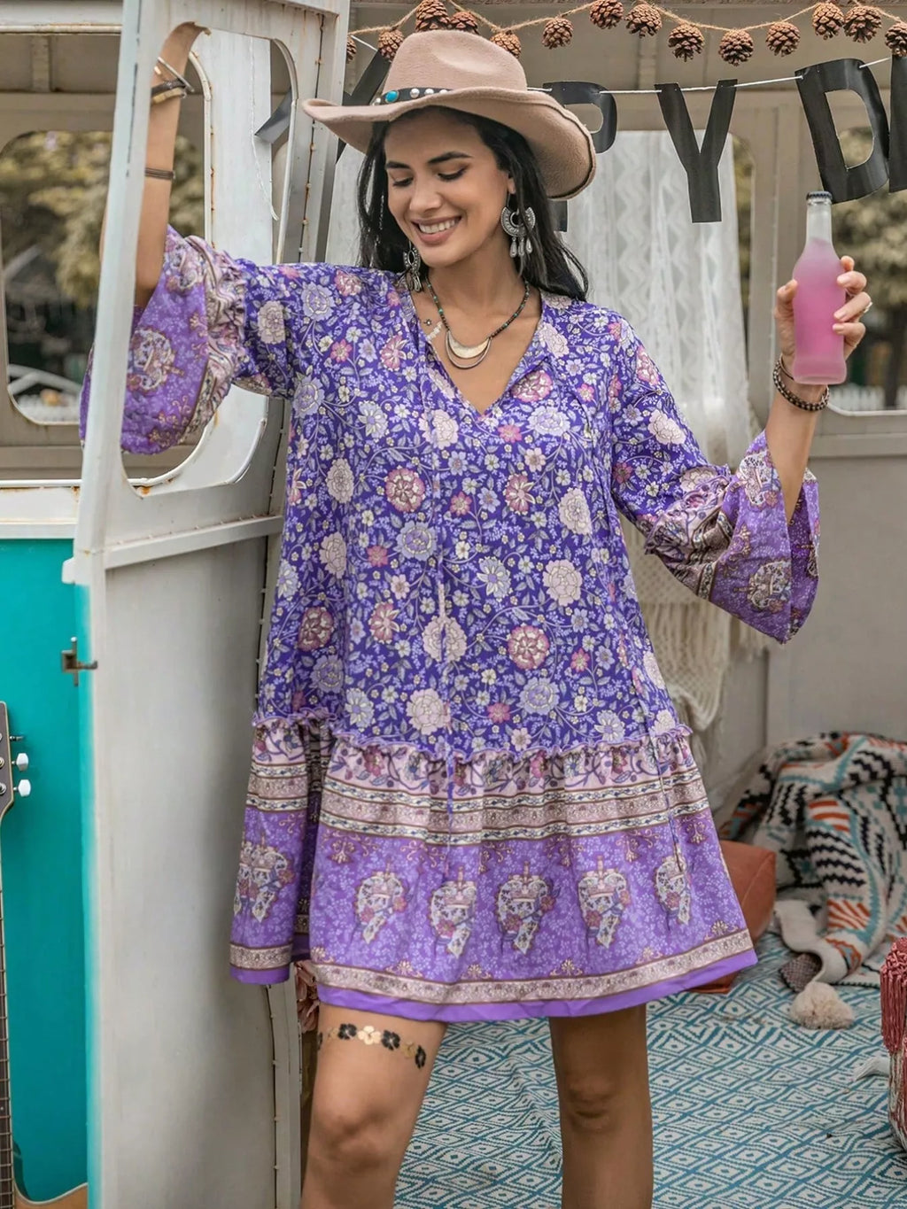 Purple Boho V-Neck 3/4 Sleeve Ruffle Hem Mini Dress Bazaare Mart Floral Print Ruffle Hem Mini Dress