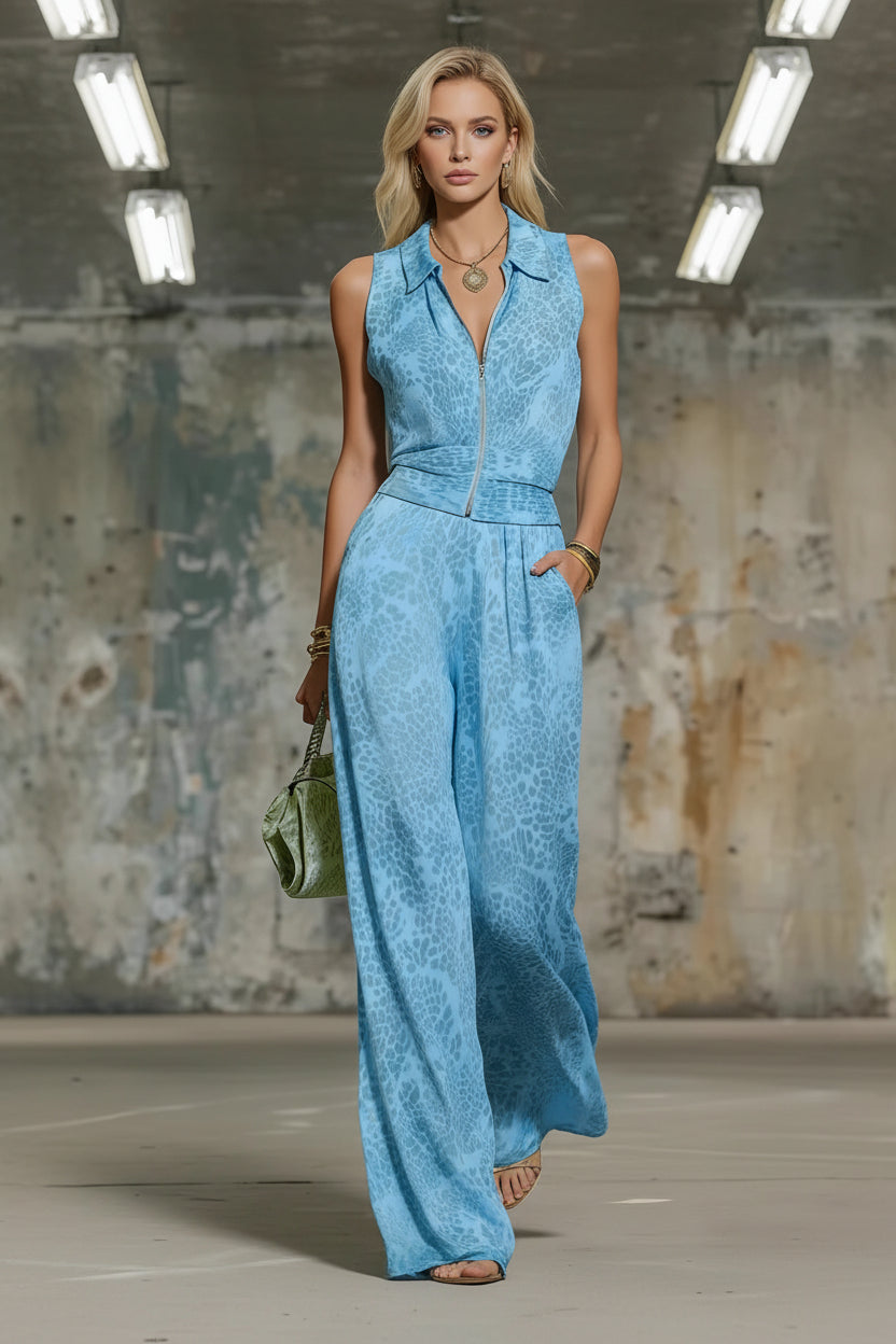 Cool Printed Zip-Up Sleeveless Top & Matching Wide Leg Pants Set CJ Dropshipping Solid Color Jumpsuit