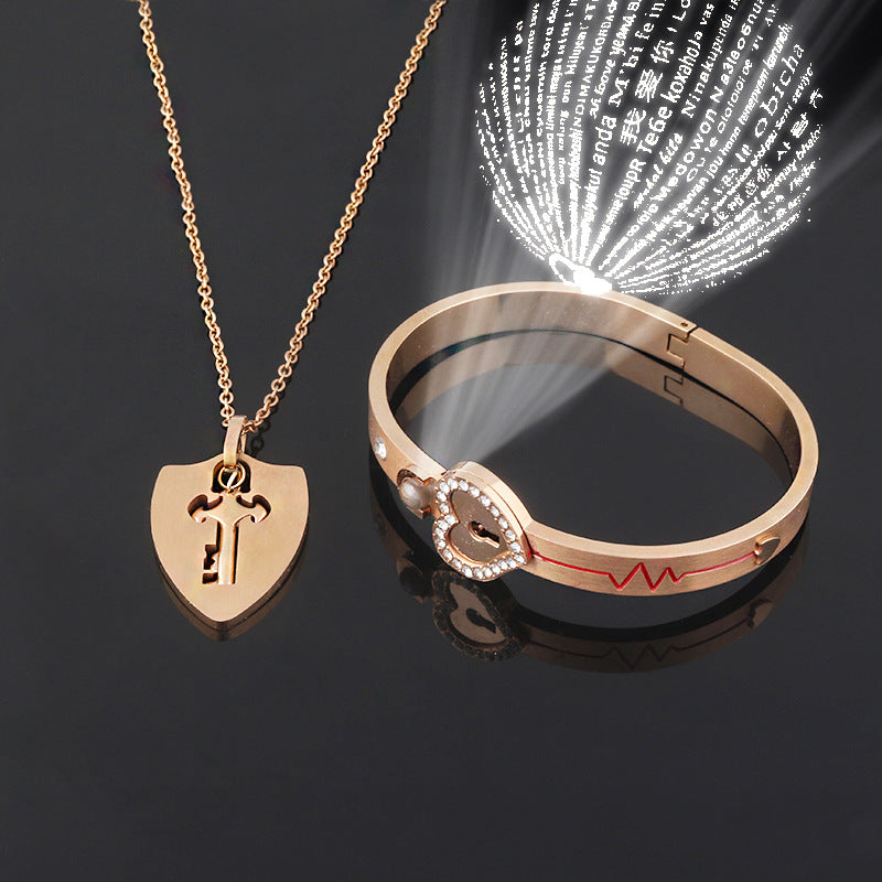 Couple's Gold Love Lock Bracelet & Key Necklace Set