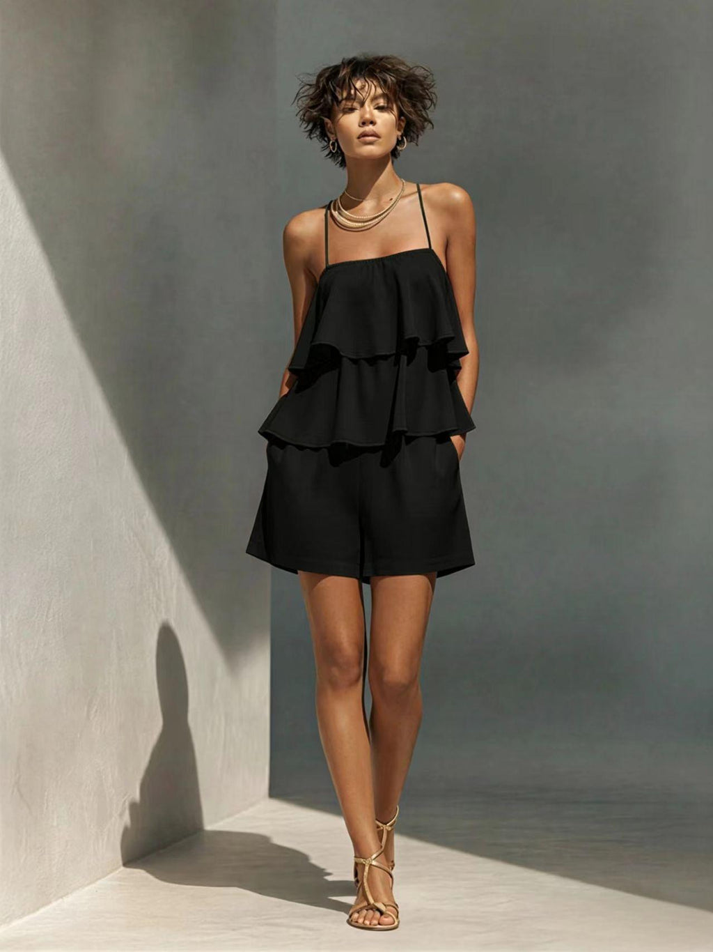 Women’s Ruffle Camisole & Shorts Two-Piece Set Black CJ Dropshipping Ruffled Camisol Shorts Set
