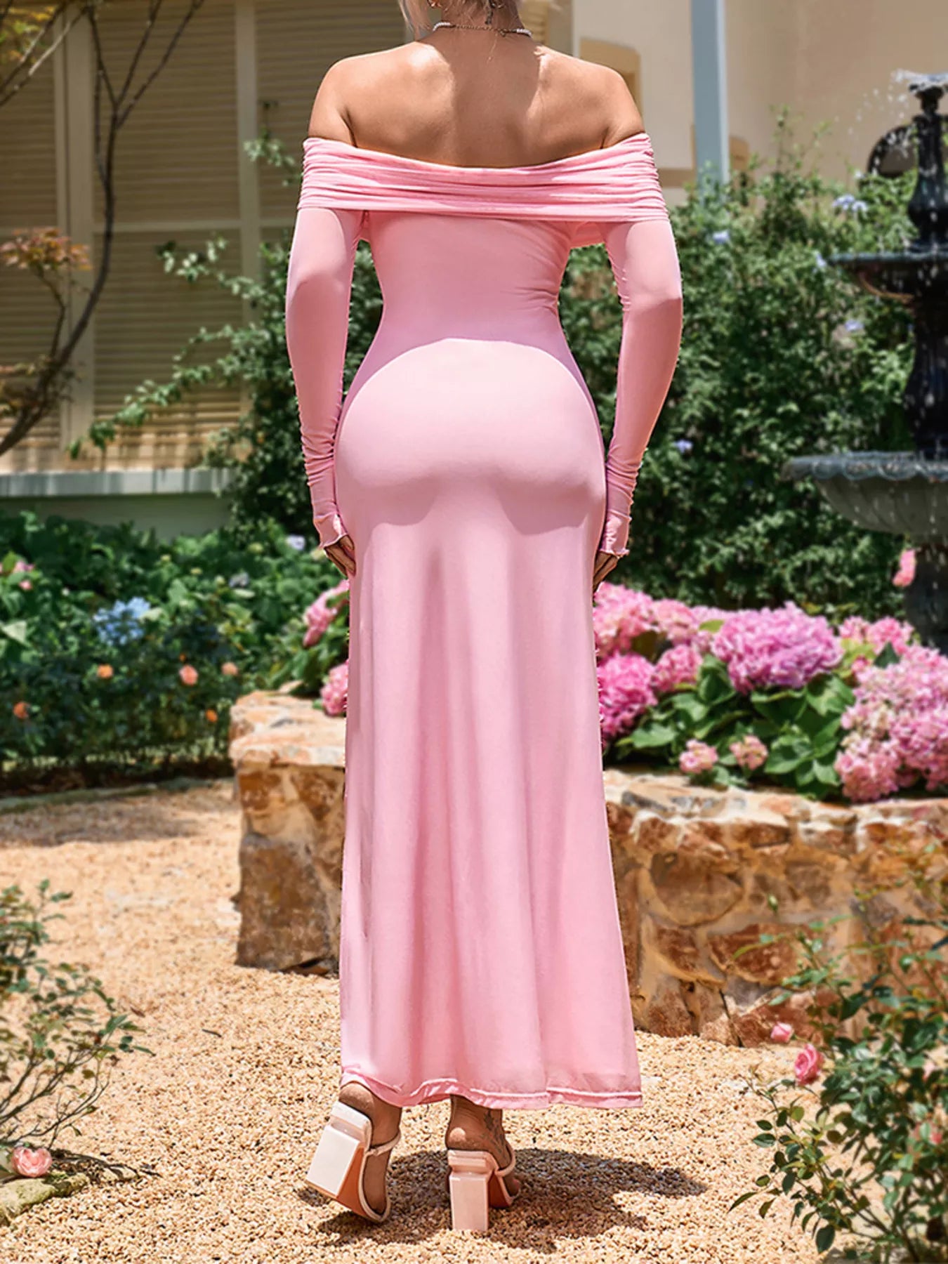 Off-Shoulder Ruched Long Sleeve Maxi Dress Trendsi Off-Shoulder Ruched Long Sleeve Maxi Dress