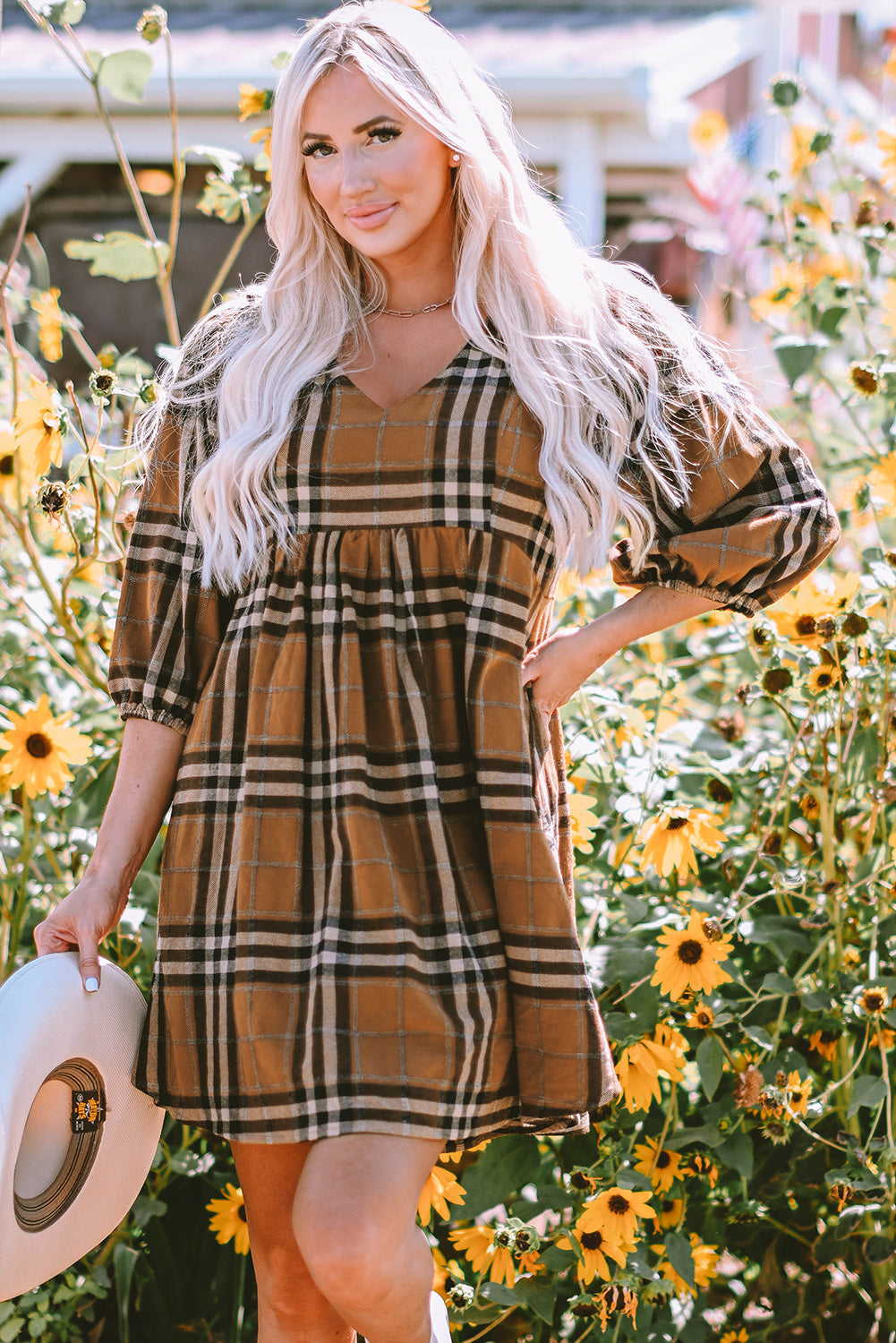 Brown Plaid Plus Size A Line Dress