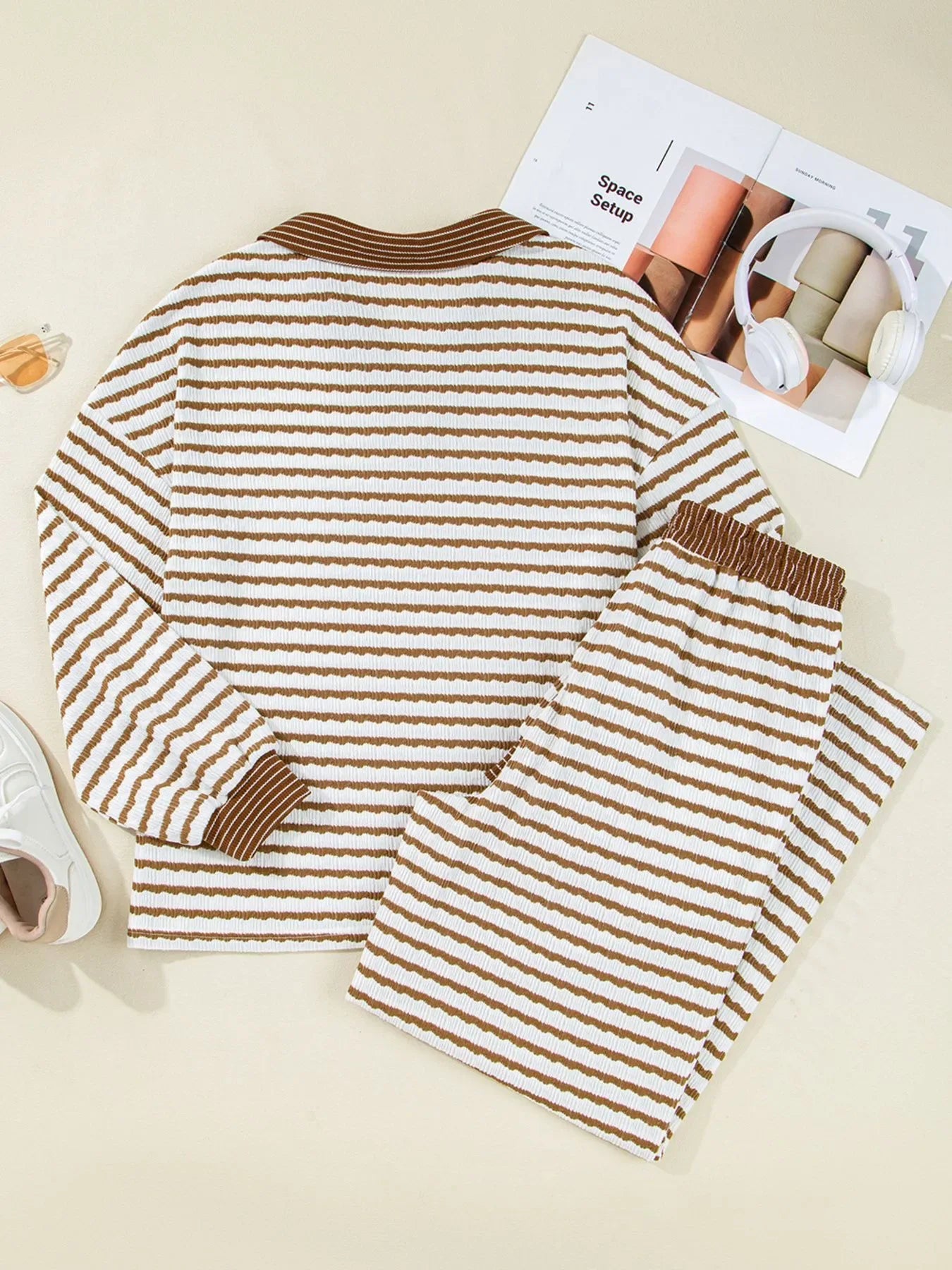 Thin Stripe Collared Baggy Top and Drawstring Pant Set Trendsi Brown Striped Wide Leg Pants Set