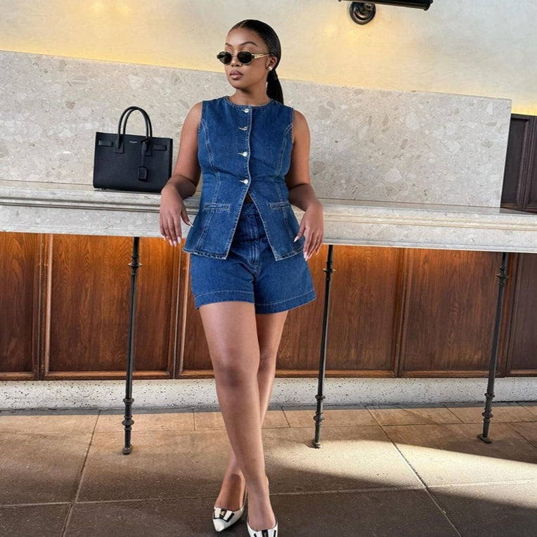 Women’s Sleeveless Denim-Inspired Top & Shorts Set – Casual 2-Piece Outfit CJ Dropshipping Button Up Sleeveless Denim Shorts Set