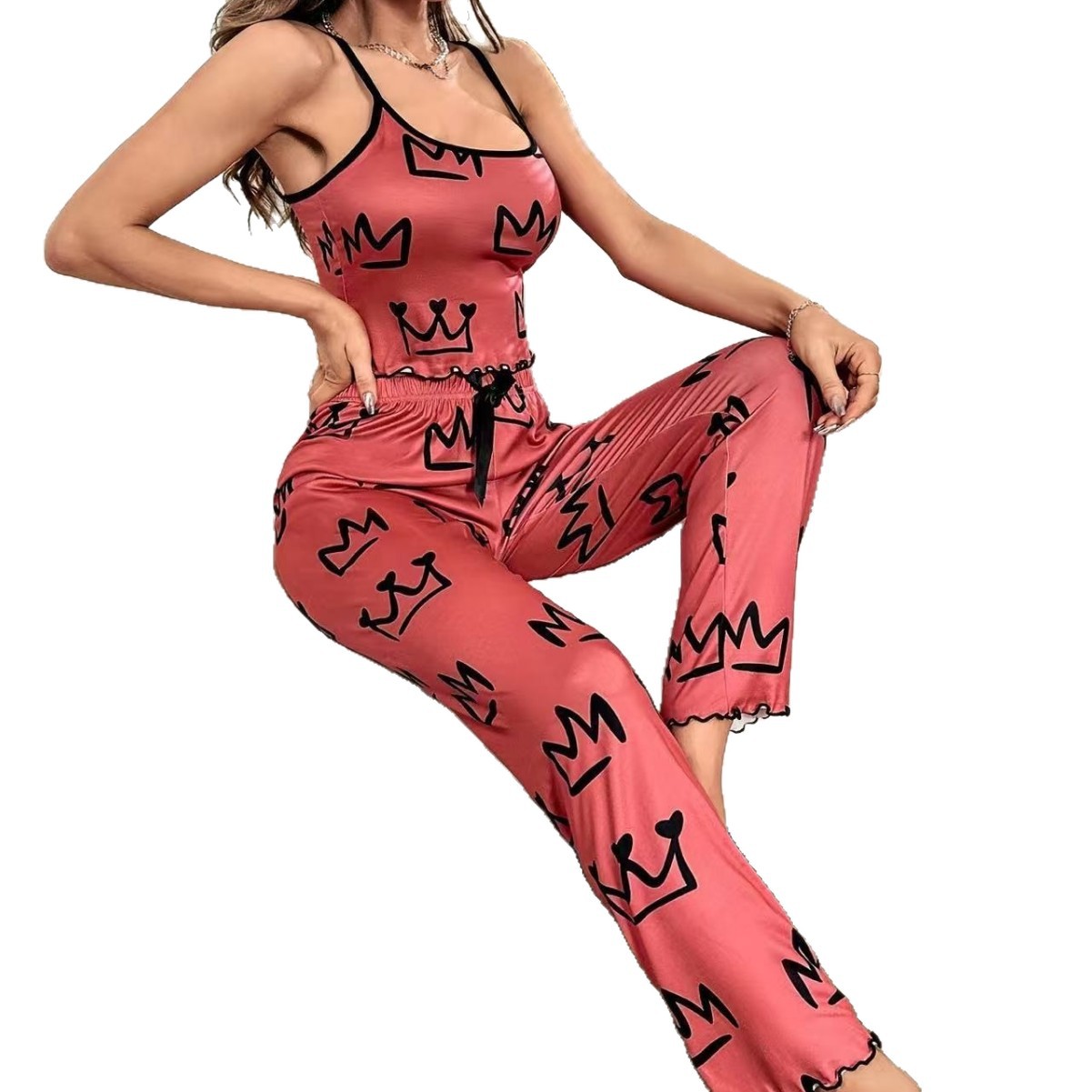 Women’s Crown Print Pajama Set – Milk Silk Cami & Pants Two-Piece Sleepwear CJ Dropshipping Grey Spaghetti Strap PJs