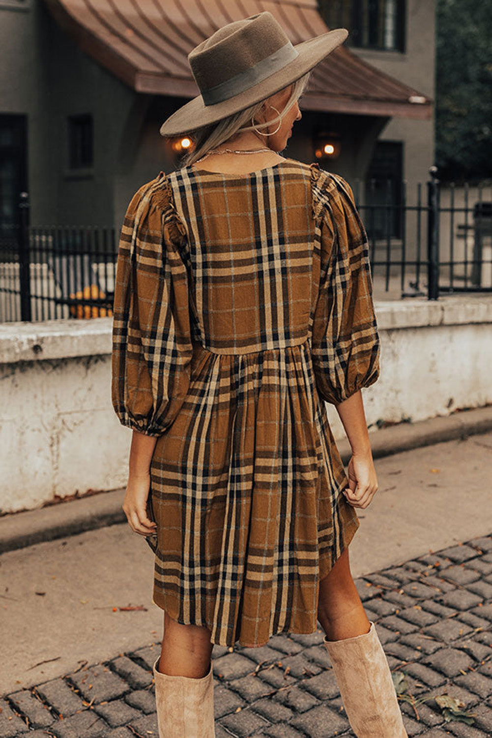 Brown Plaid Plus Size A Line Dress