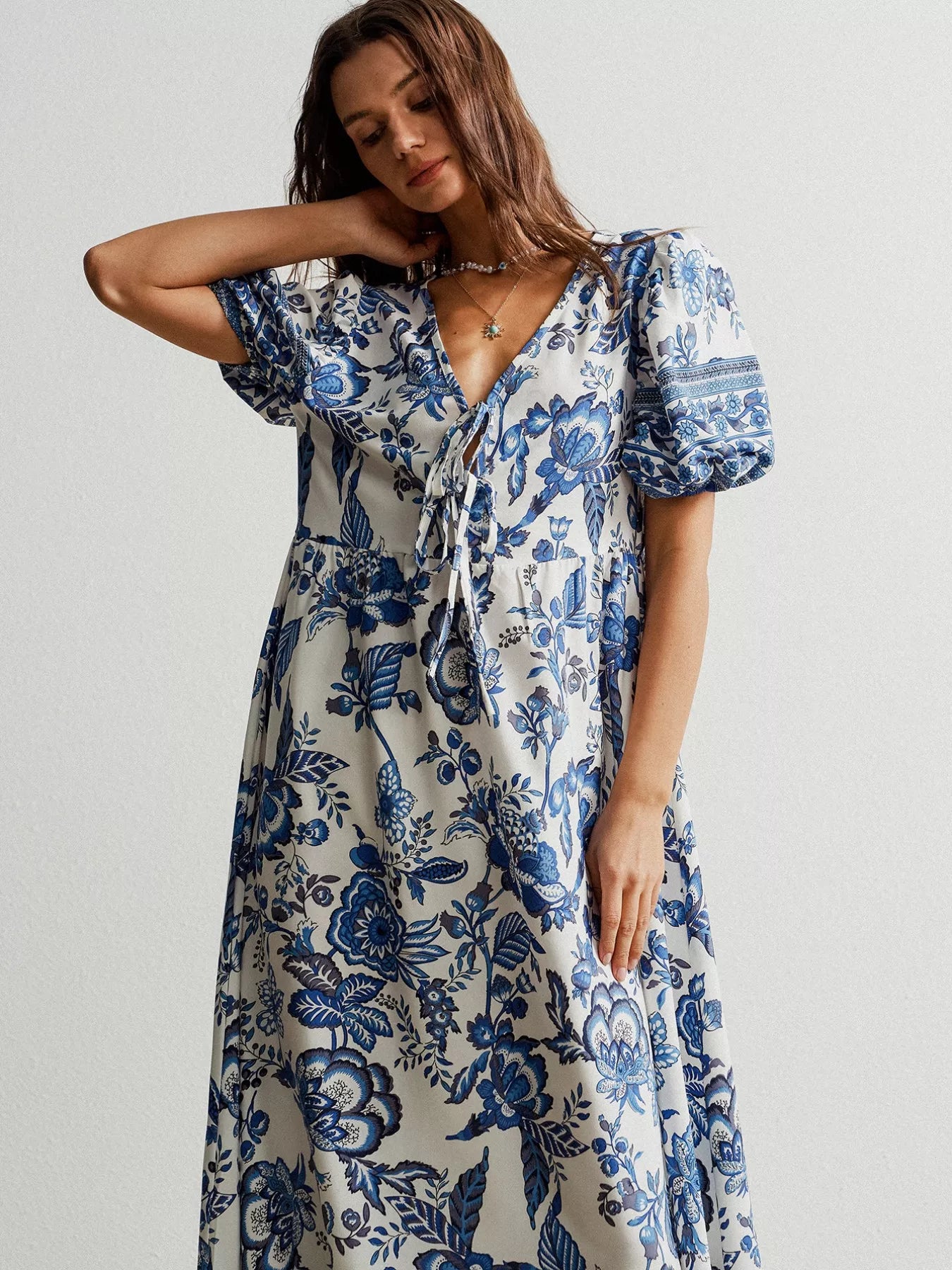 Blue Floral V-Neck Puff Half Sleeve Maxi Bazaare Mart Floral Print Tie-Neck Puff Sleeve Maxi Dress