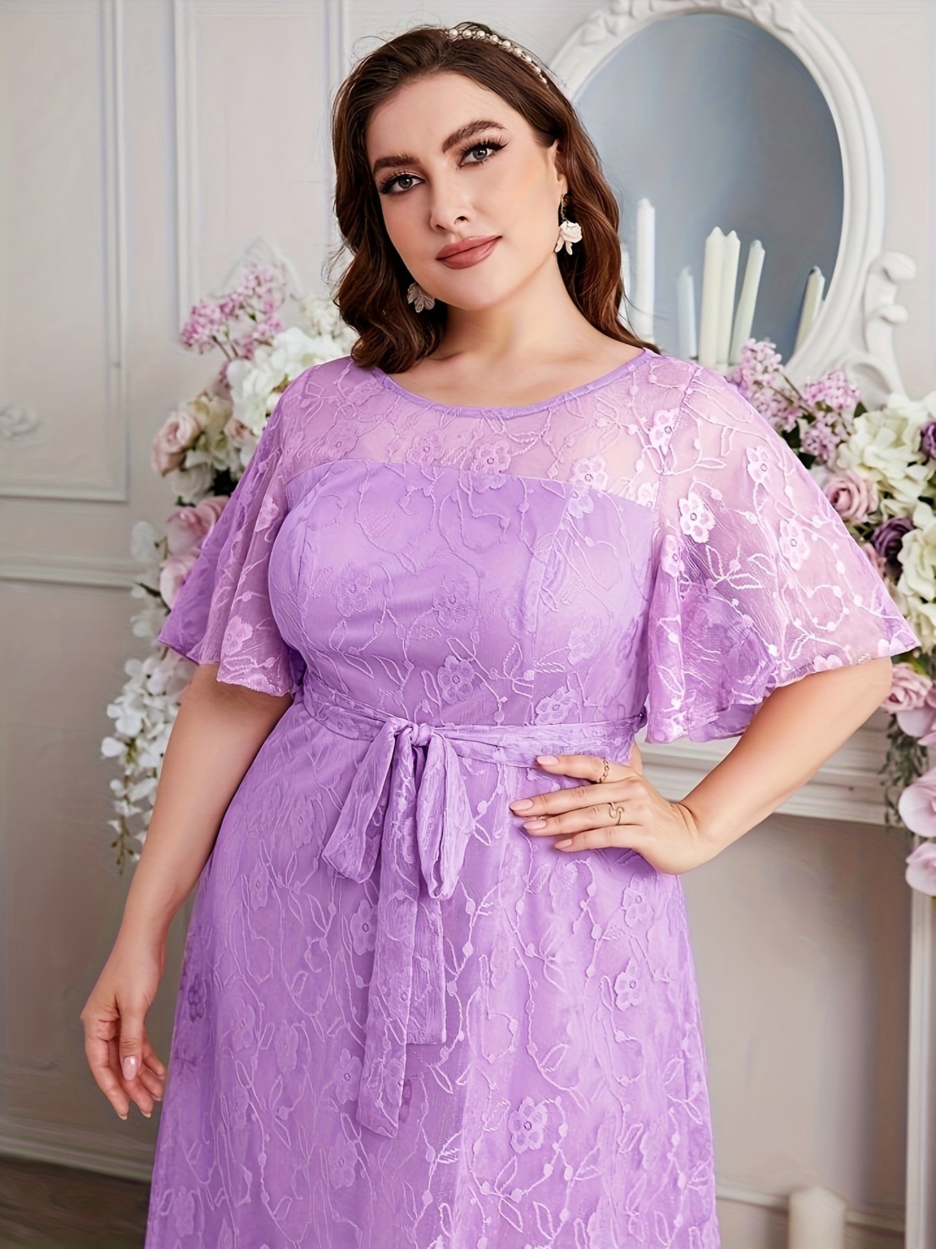 Elegant High Waist Lace Round Neck Half Flutter Sleeve Solid Color Formal Floor Length Dress