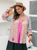 Tie Neck Button Up Long Sleeve Patchwork Blouse Floral Bazarre Mart Floral Blouses