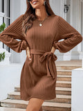 Round Neck Tie Front Long Sleeve Dress Khaki Bazaare Mart Round Neck Tie Front Long Sleeve Dress