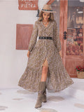 Brown Floral Button Up V-Neck Tiered Maxi Dress Floral Bazarre Mart Long Sleeve Floral Midi Dresses