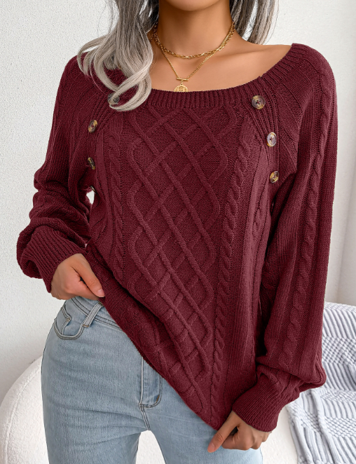 Boat Neck Button Embellished Twist Knit Sweater