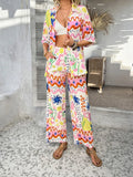 Devine Printed Button Down Shirt and Pants Set Multicolor Trendsi Printed Button Down Shirt and Pants