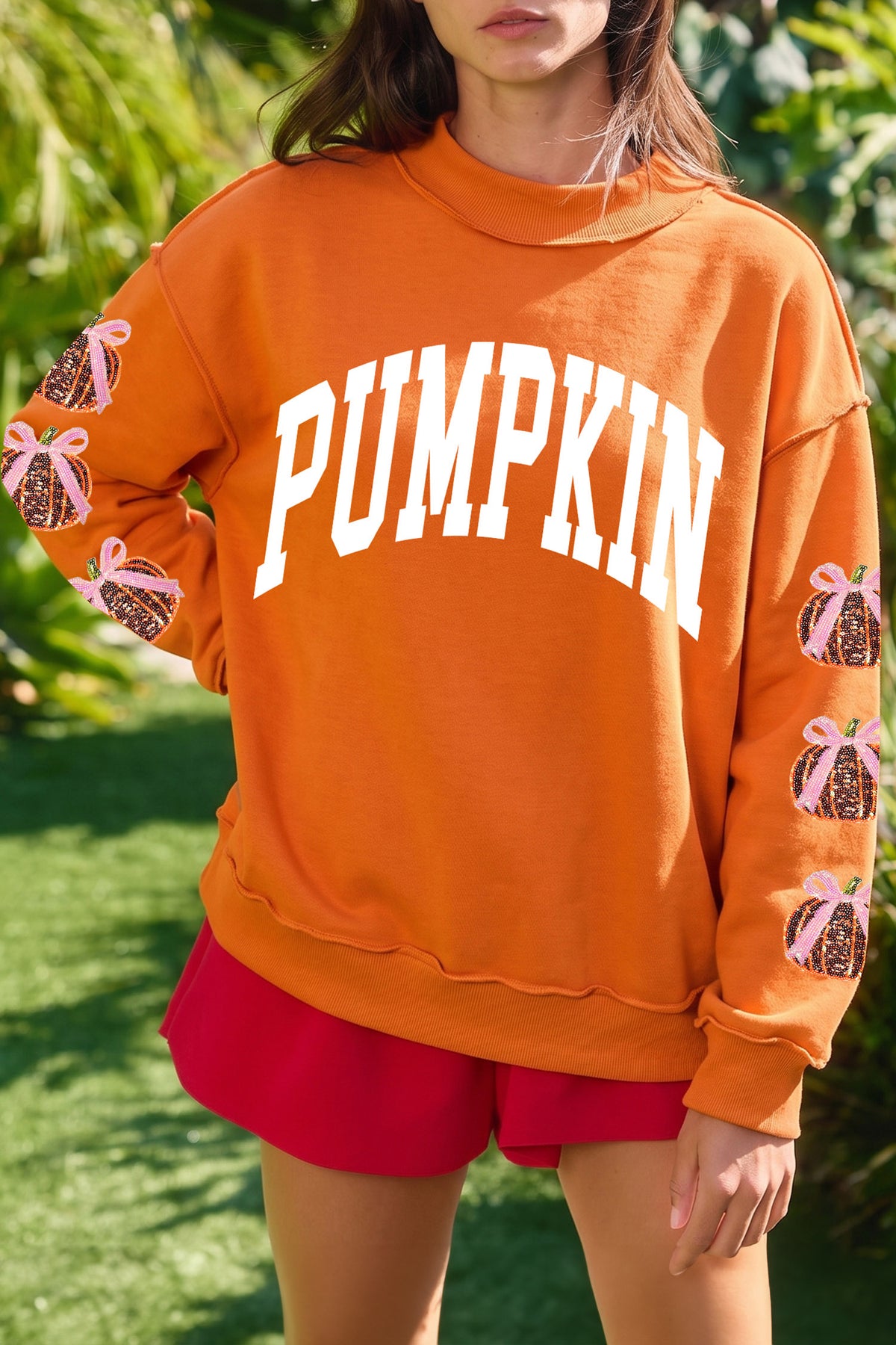 Orange Pumpkin Bow Glitter Sleeve Sweatshirt