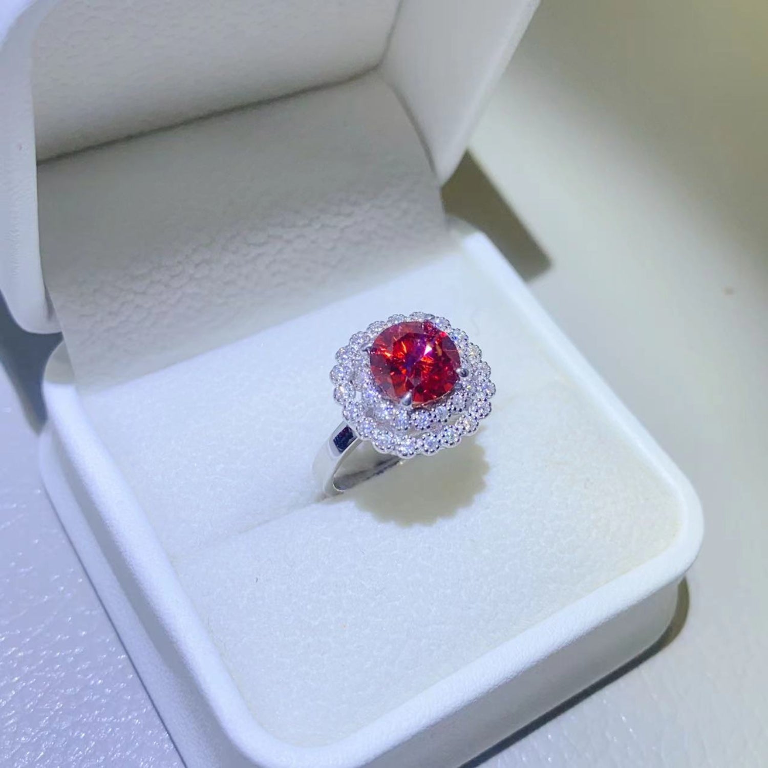 Round Red Moissanite 925 Sterling Silver Ring