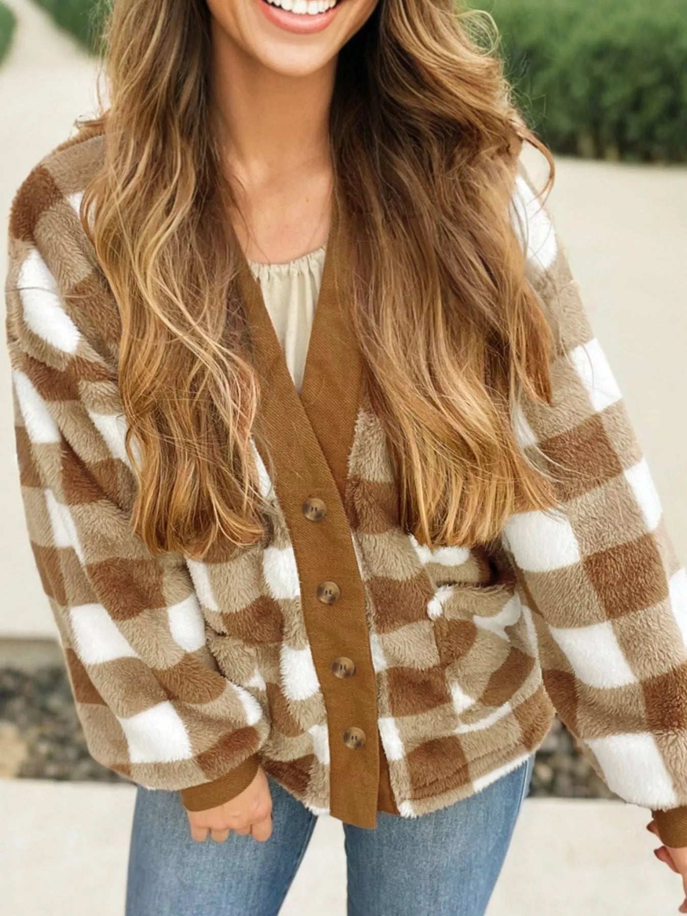 Brown Checkered Sherpa V-Neck Cardigan with Pockets Camel Trendsi Brown Plaid Cardigan