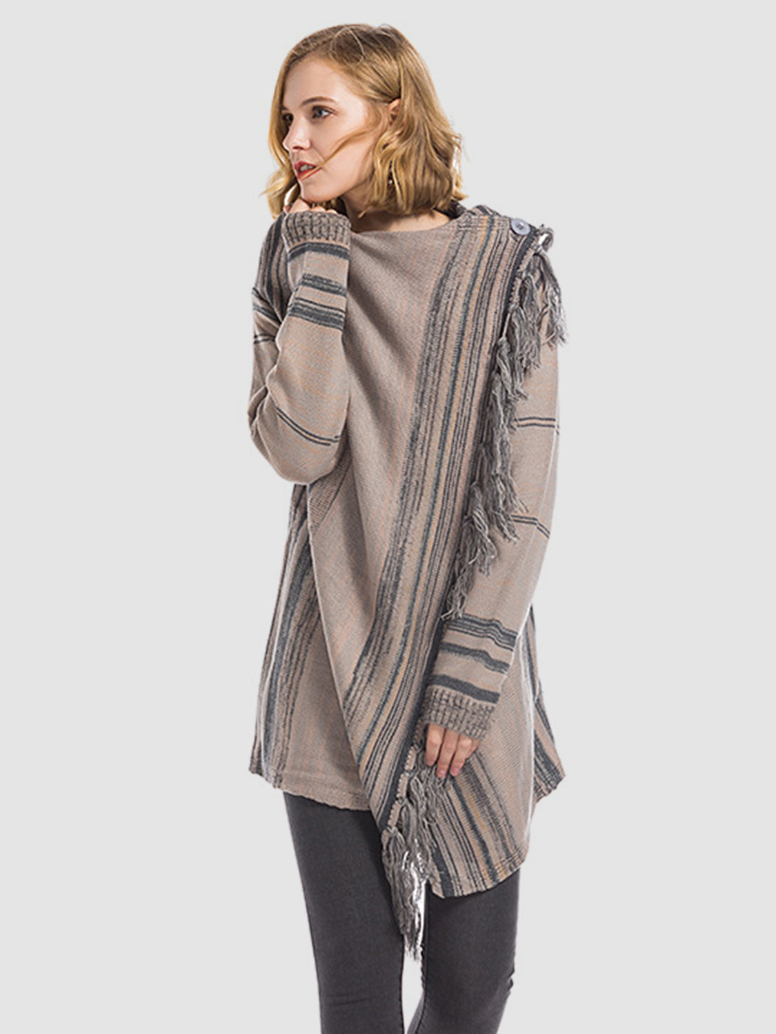 Tassel Striped Open Front Cardigan