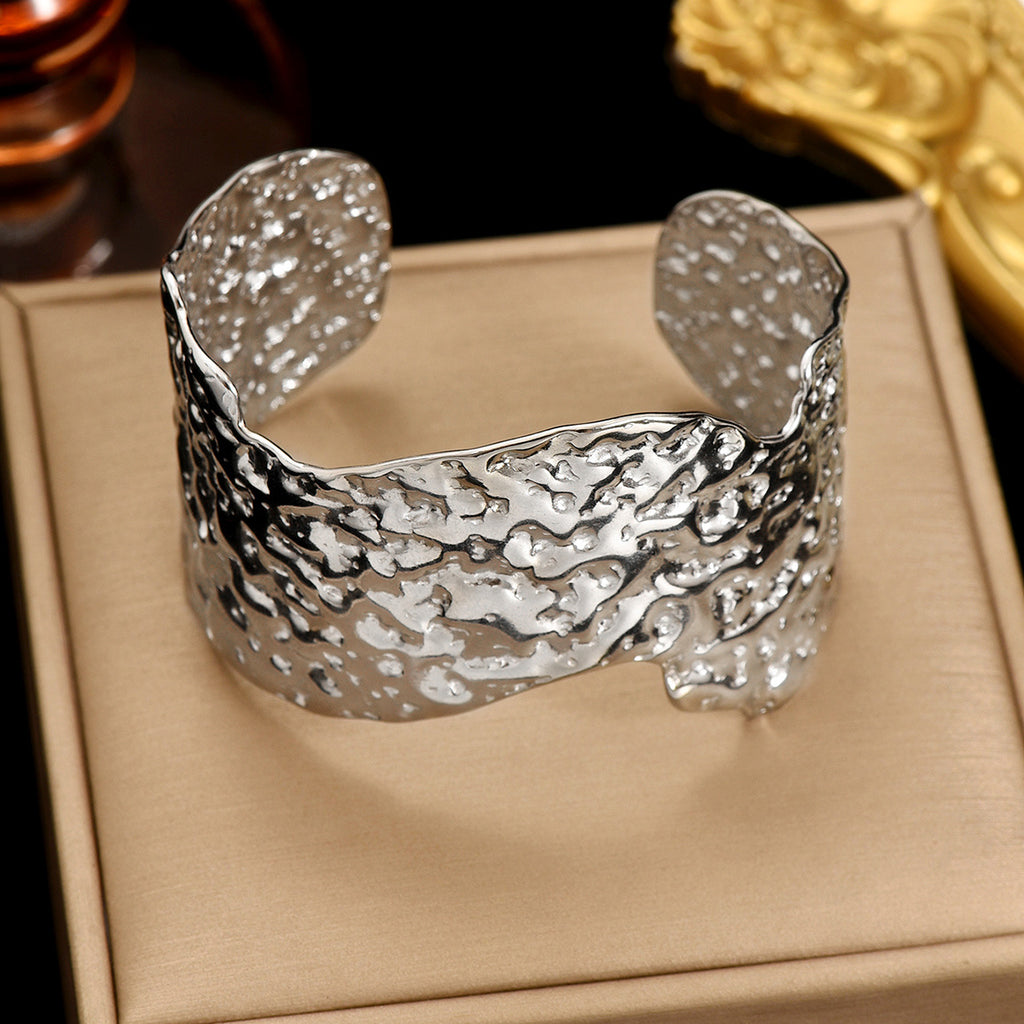 Wide Stainless Steel Artisan Hammered Bracelet