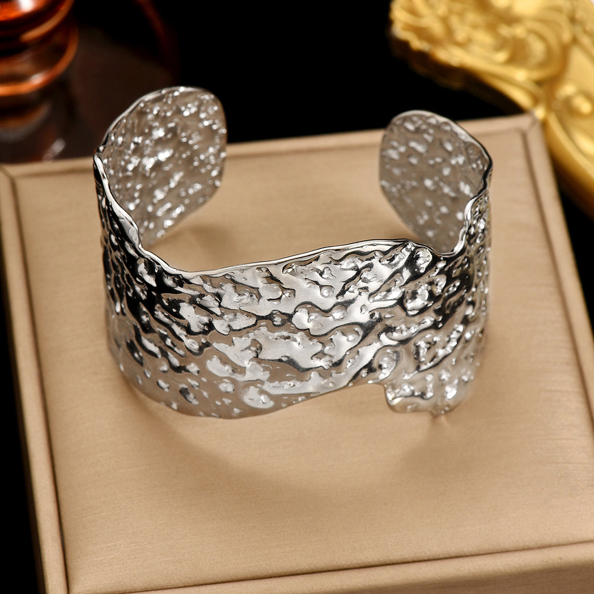 Wide Stainless Steel Artisan Hammered Bracelet