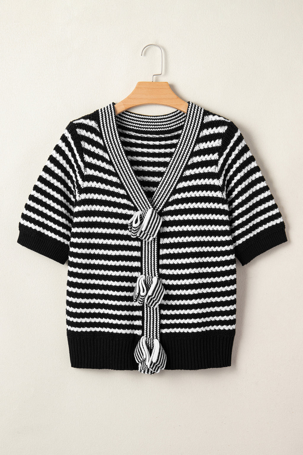 Striped Short Sleeve Knit V Neck Bow Knot Sweater Bazaare Mart Sweaters & Cardigans/Short Sleeve Sweaters