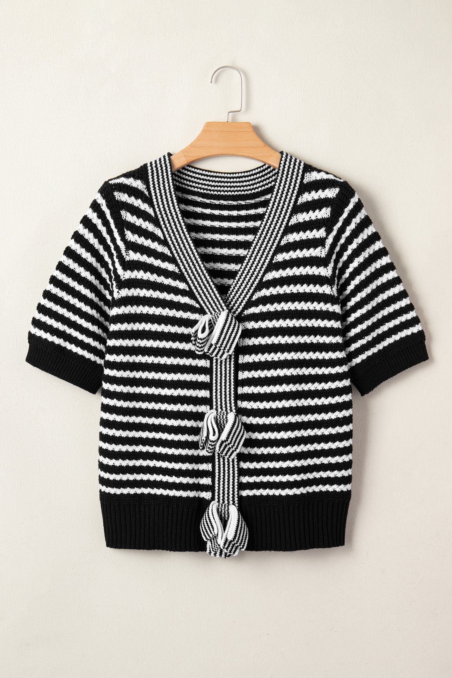 Striped Short Sleeve Knit V Neck Bow Knot Sweater Bazaare Mart Sweaters & Cardigans/Short Sleeve Sweaters