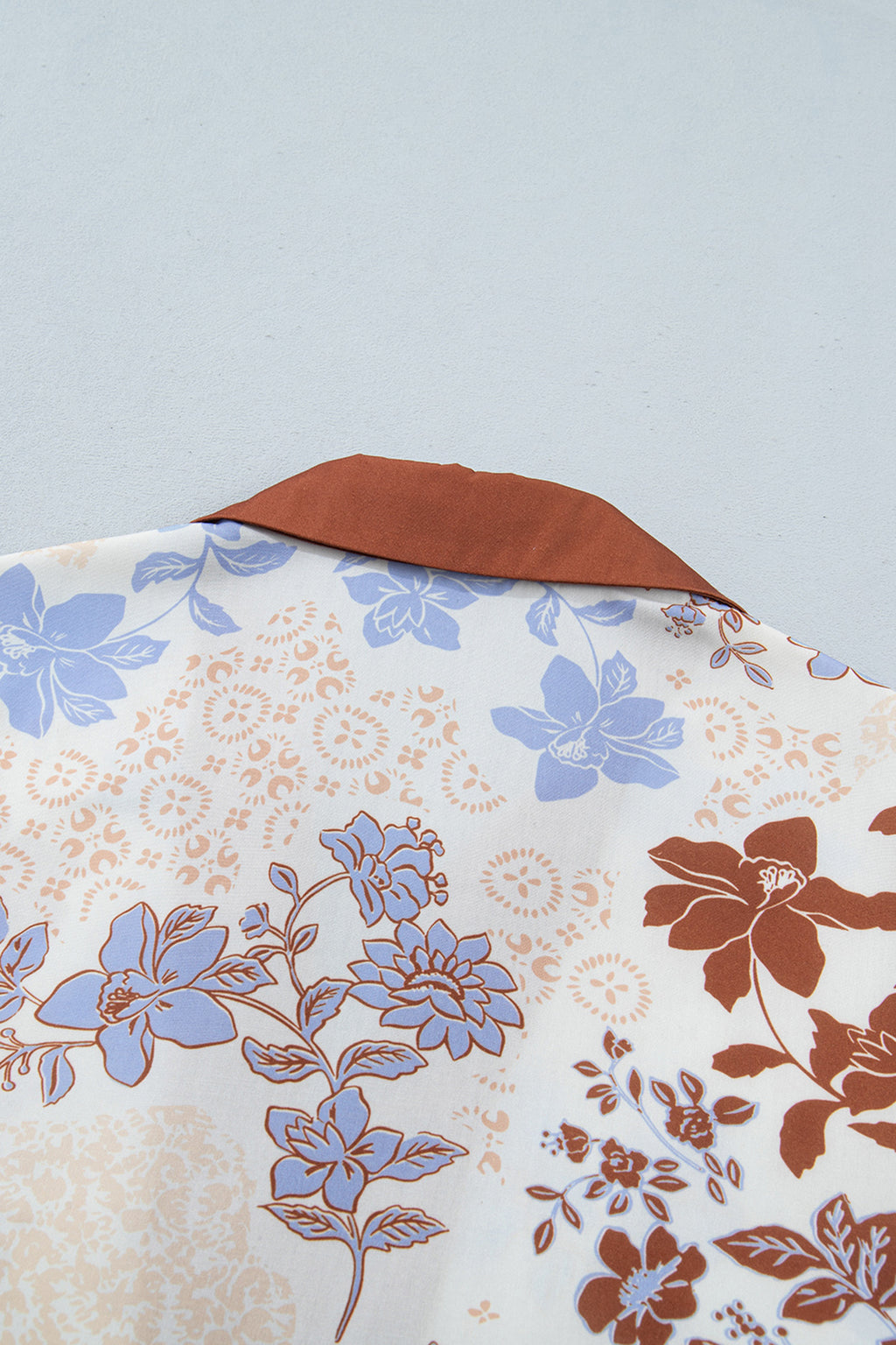 Blue & Brown Floral Collared Colorblock V Neck Long Sleeve Blouse