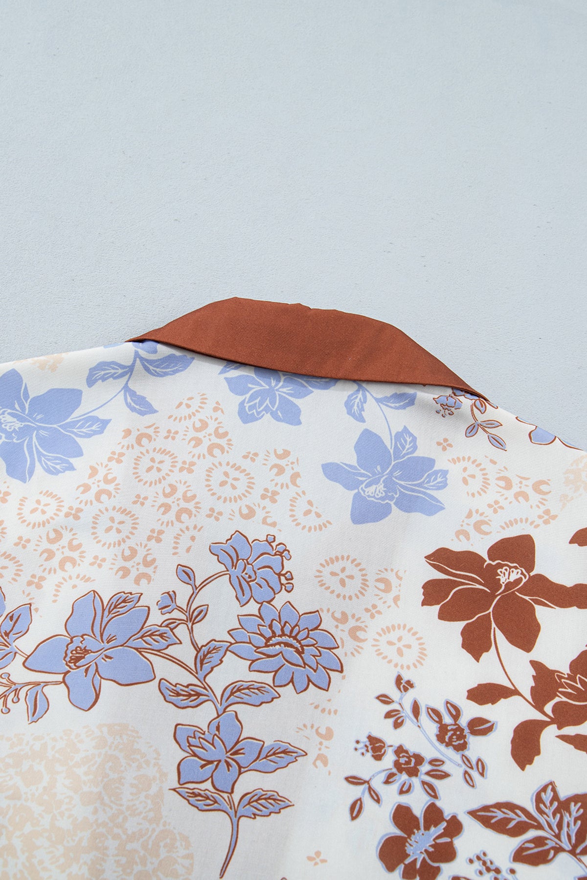 Blue & Brown Floral Collared Colorblock V Neck Long Sleeve Blouse