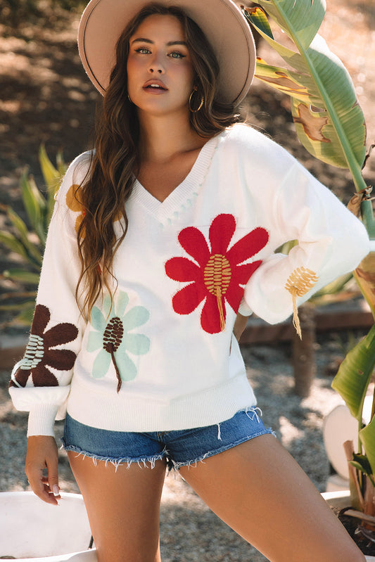 Big Flower V Neck Drop Shoulder Sweater