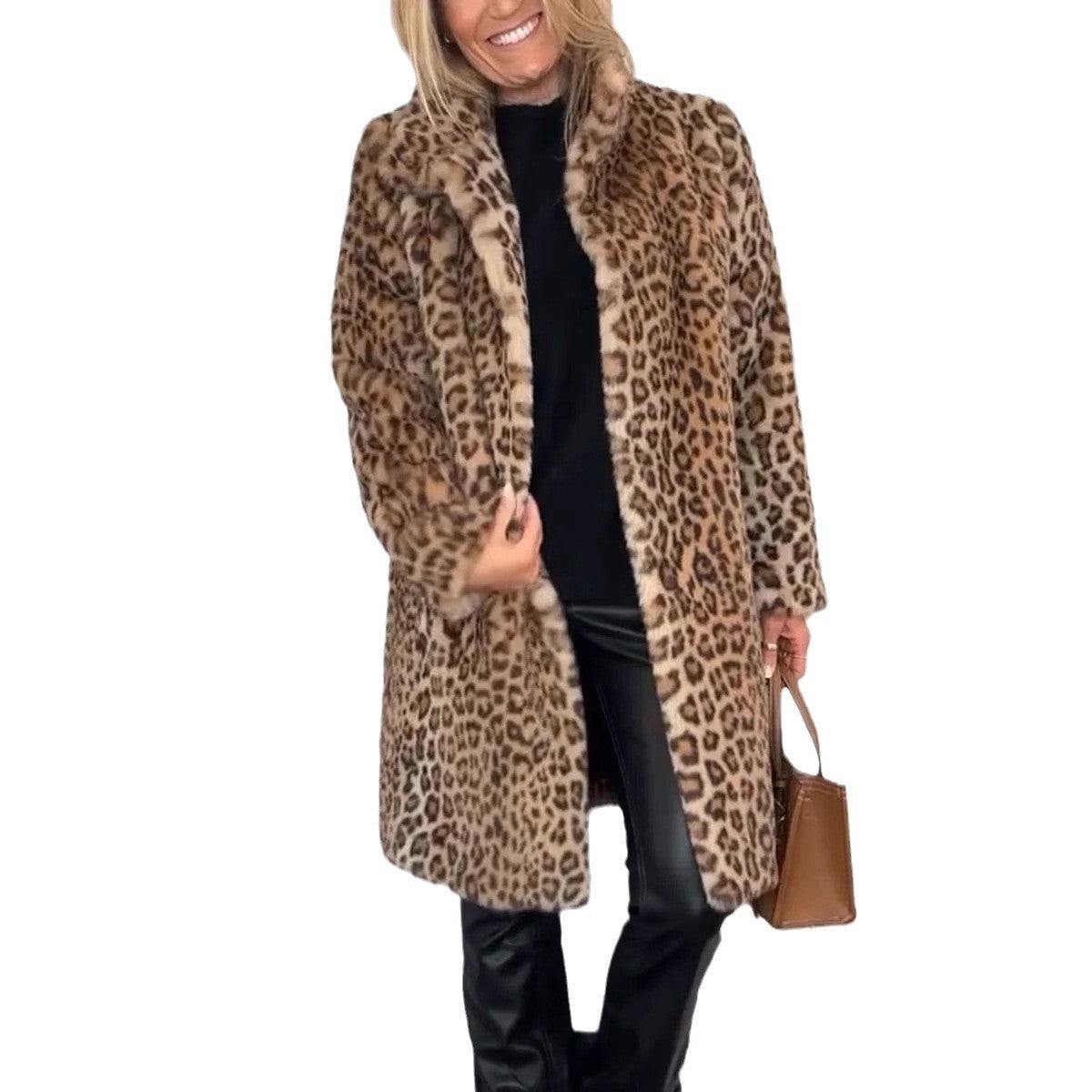 Faux Leopard Print Fur Dress Coat