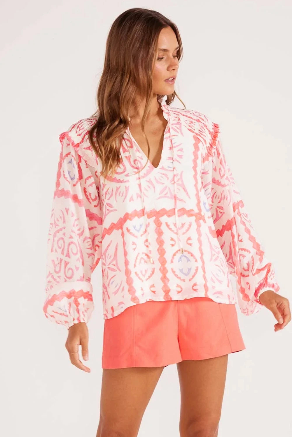 Coral Desert Flower Billowy Sleeve Blouse