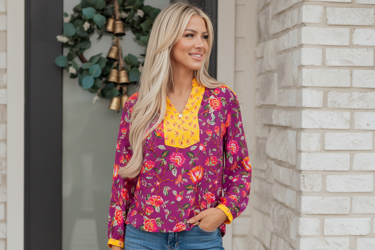Rose Contrast V Neck Floral Blouse Bazaare Mart Tops/Blouses & Shirts