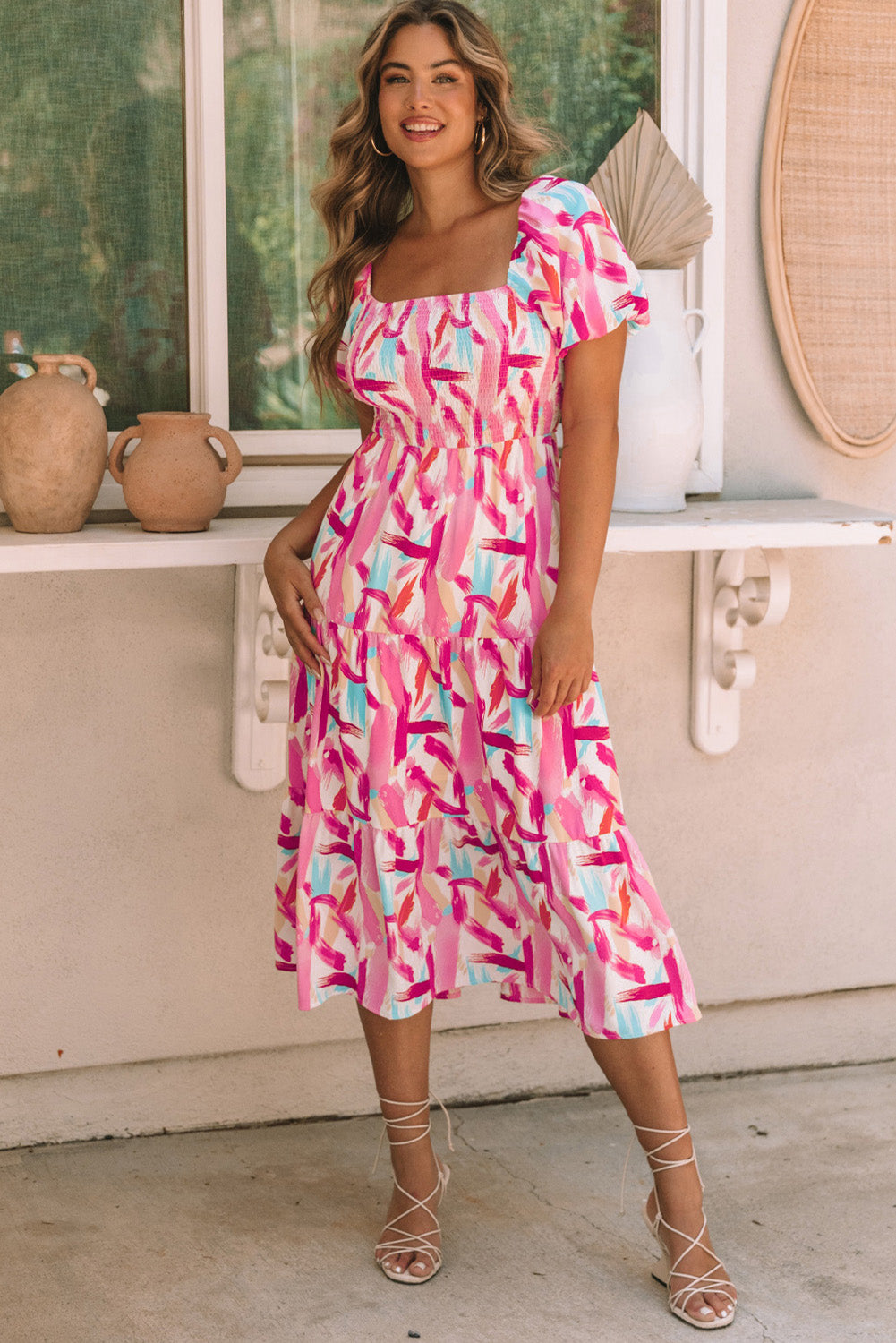 Pink Brush Stroke Smocked Short Sleeve Dress