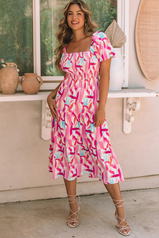 Pink Brush Stroke Smocked Short Sleeve Dress