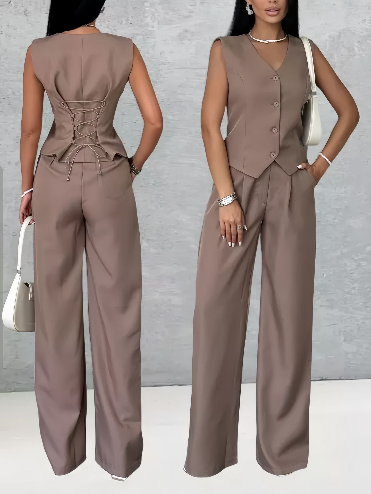 Women’s Vest & Wide Leg Pants Two-Piece Set – Elegant Commuter Matching Outfit Khaki CJ Dropshipping Vest and Pants Set