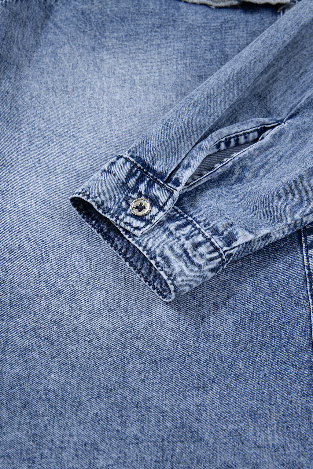 Blue Vintage Wash Denim Ruffle Button Down Shirt Bazaare Mart Tops/Blouses & Shirts