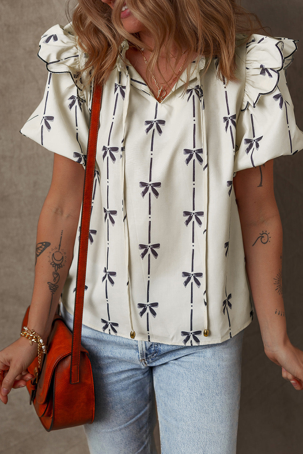 White with Black Bow Ruffled Bubble Sleeve V Neck Blouse