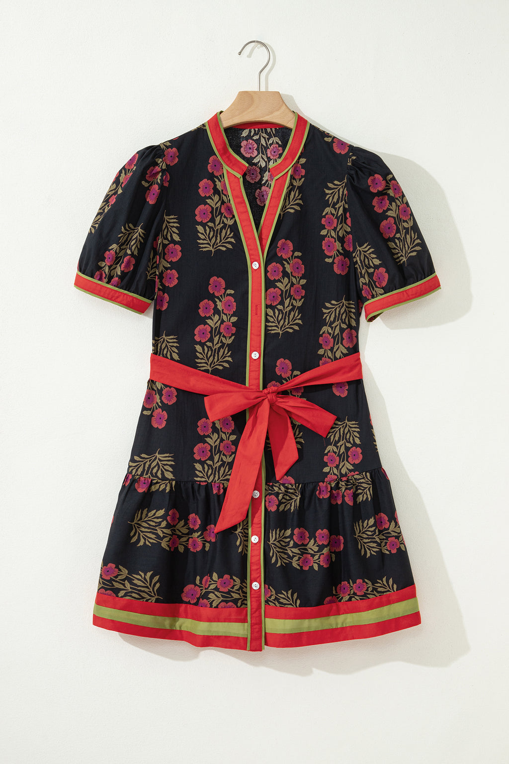 Black Retro Floral Belted Short Puff Sleeve Mini Dress Bazaare Mart Dresses/Floral Dresses