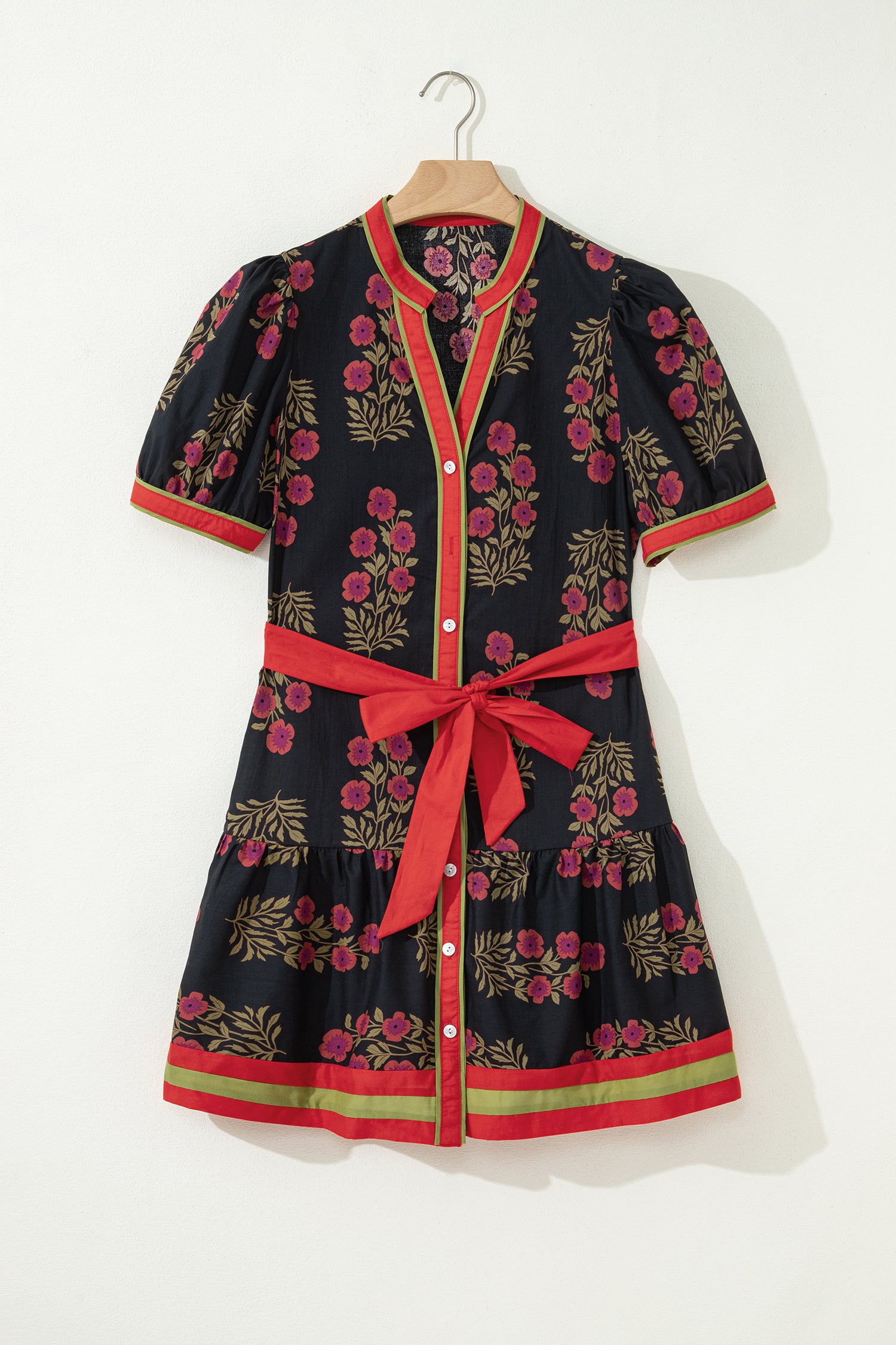 Black Retro Floral Belted Short Puff Sleeve Mini Dress Bazaare Mart Dresses/Floral Dresses