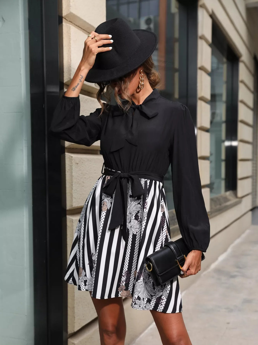 Striped Tie Front Long Sleeve Mini Dress Trendsi Long Sleeve Striped Dress