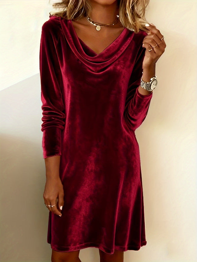 Elegant Long Sleeve Cowl Neck Velvet Dress