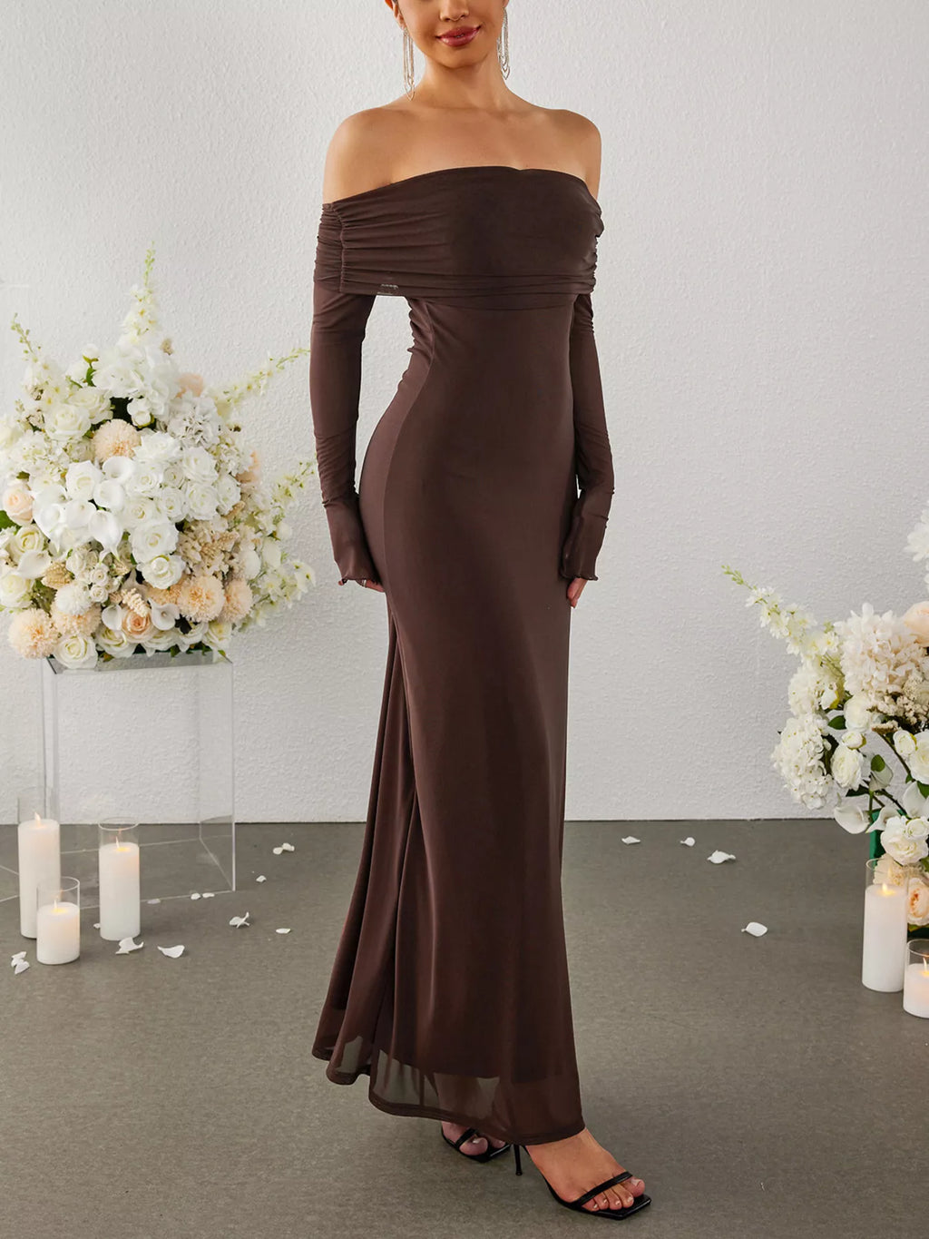 Off-Shoulder Ruched Long Sleeve Maxi Dress Trendsi Off-Shoulder Ruched Long Sleeve Maxi Dress