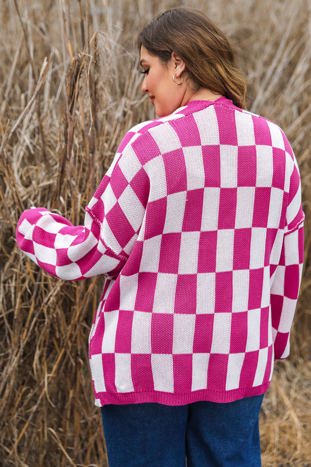 Bonbon Checkered Open Front Plus Size Cardigan