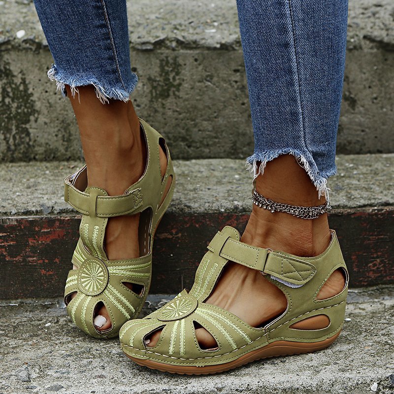 Women’s Cutout Beach Sandals – Round Toe Velcro Comfort Summer Sandals Green CJ Dropshipping Huarache Sandals