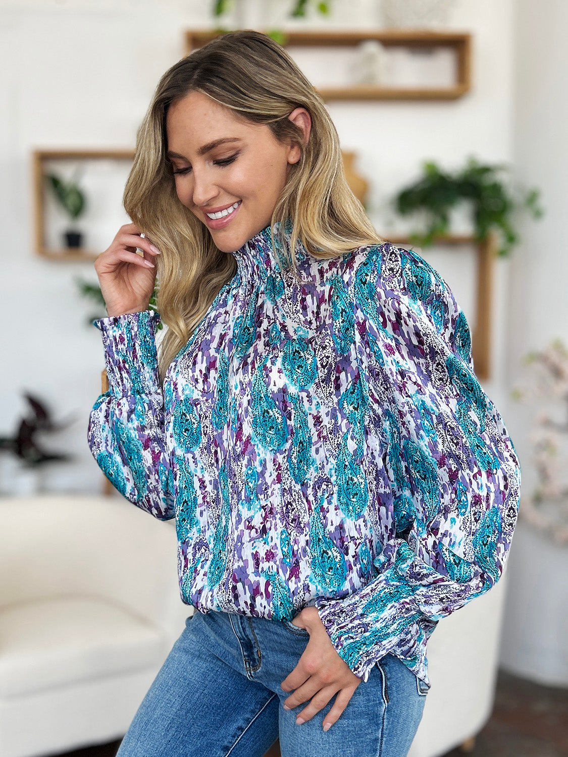 Abstract Smocked High Neck Long Sleeve Blouse